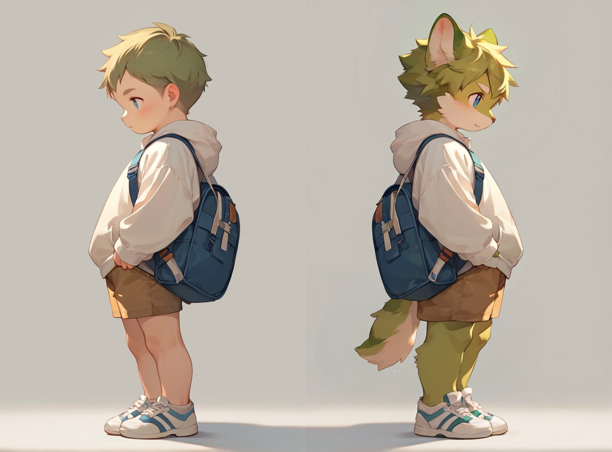 A side-by-side comparison of a young boy and an anthropomorphic character with similar features, both wearing hoodies, shorts, and backpacks