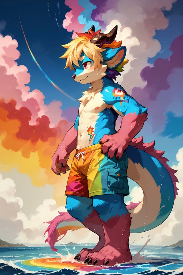 A colorful anthropomorphic creature with horns and a tail stands confidently on a beach, wearing rainbow shorts. The sky is filled with vibrant clouds, and the ocean waves surround the character