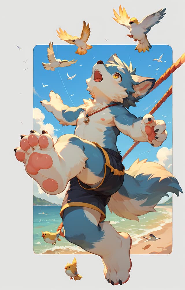 A cartoon-style anthropomorphic wolf character joyfully swings on a rope at the beach, surrounded by birds in a bright, sunny sky