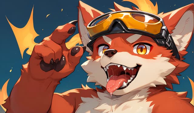 A cartoon fox character with orange fur and white accents, wearing goggles, making a playful gesture with its paw and sticking out its tongue