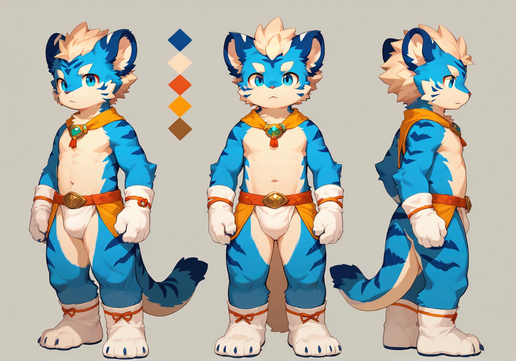 A character design featuring a blue and white anthropomorphic tiger with a muscular build, shown from three angles: front, side, and back. The character wears orange and white clothing with a belt and has a tuft of white hair. A color palette is displayed beside the character