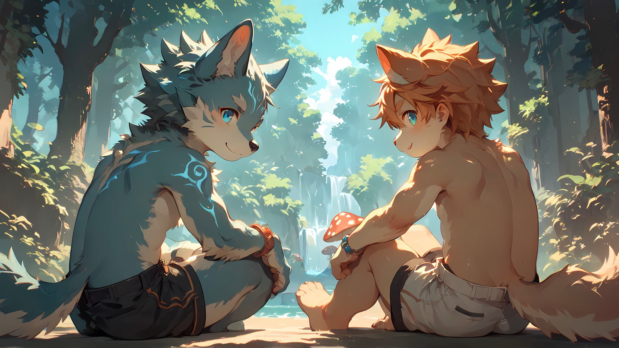 Two anthropomorphic characters, one with wolf-like features and the other with fox-like features, sit facing each other in a sunlit forest clearing