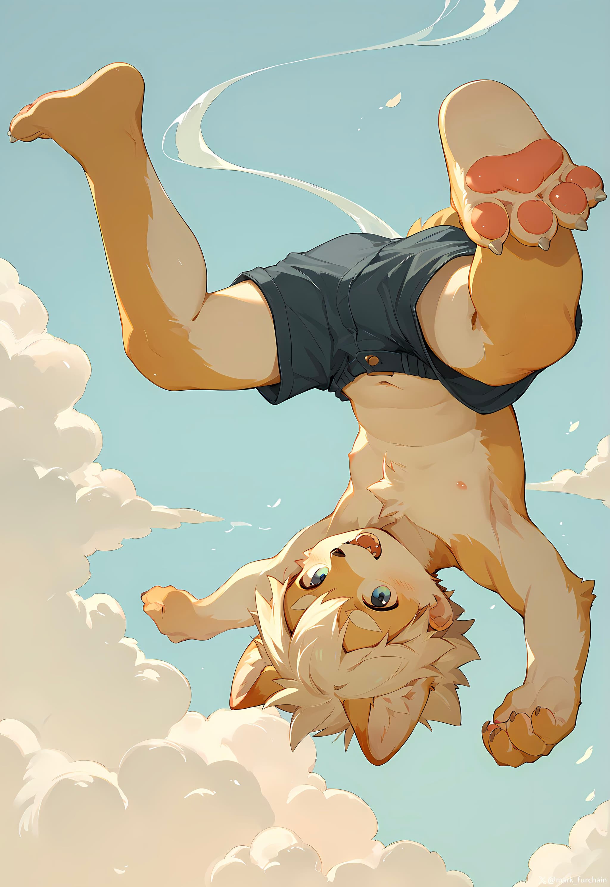 A cartoon-style anthropomorphic cat character is playfully tumbling through the sky, surrounded by fluffy clouds, wearing blue shorts