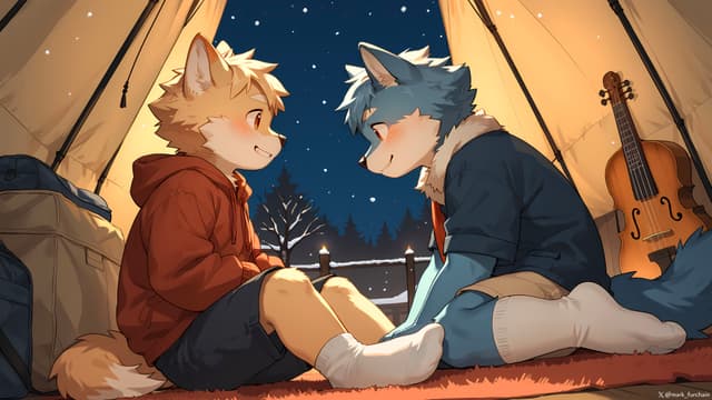 Two anthropomorphic animals sit facing each other inside a tent at night, with a starry sky visible outside. A guitar rests against the tent wall