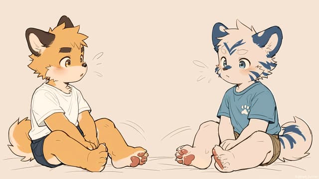 Two anthropomorphic animals sitting on the floor facing each other, one with orange fur and the other with white and blue fur, both wearing t-shirts and shorts