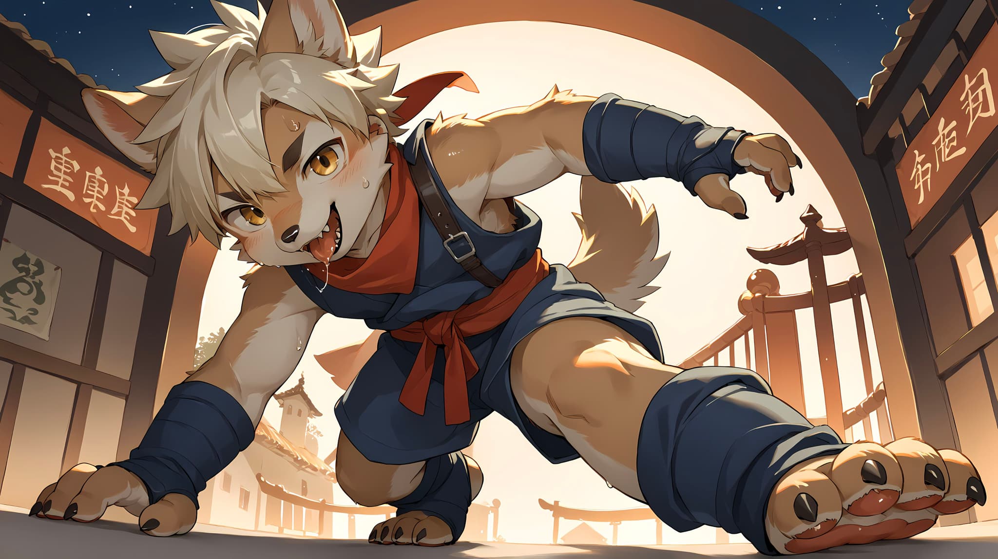 A dynamic, anthropomorphic wolf character in a ninja outfit crouches energetically in a traditional Japanese setting, with a confident expression and a vibrant, colorful background