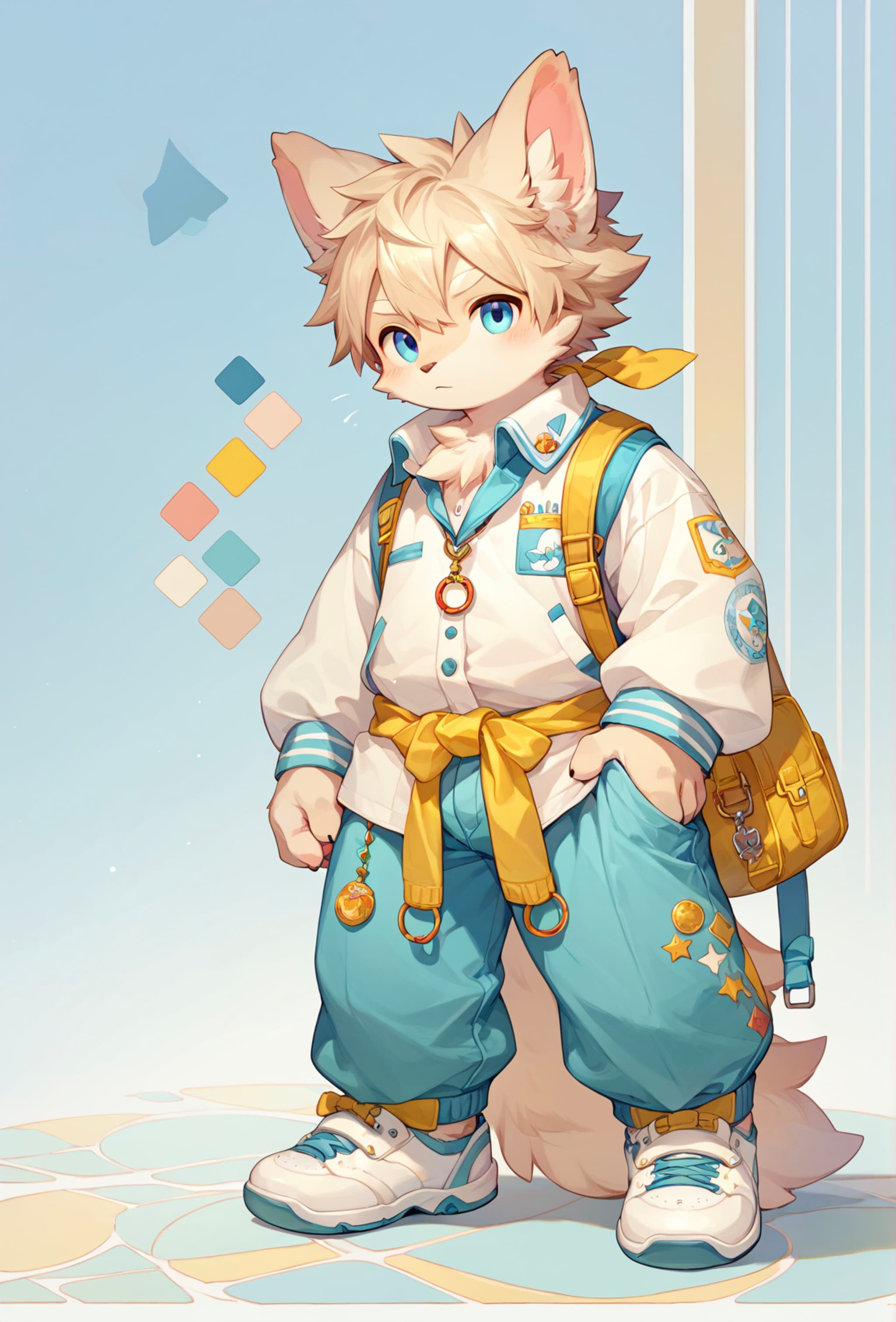 A cute, anthropomorphic fox character with fluffy ears and a tail, wearing a stylish outfit with a white shirt, blue pants, and a yellow backpack. The background features a soft color palette with geometric shapes