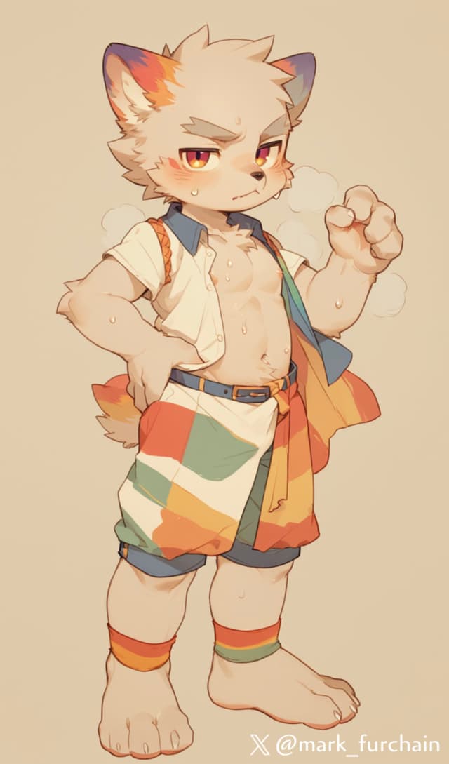 A cartoon-style anthropomorphic cat character with a confident expression, wearing colorful shorts, a partially open shirt, and a rainbow-striped bag