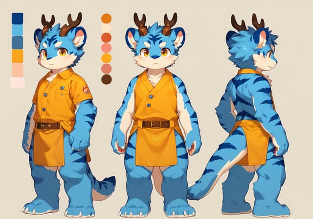 A blue anthropomorphic tiger character with antlers, wearing an orange shirt and apron, displayed in three different poses. Color palettes are shown on the side