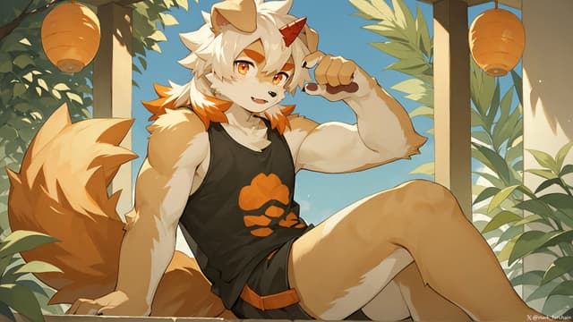 A muscular anthropomorphic fox character with white and orange fur, wearing a black tank top with an orange paw print, sitting on a ledge in a sunny setting with hanging lanterns and greenery