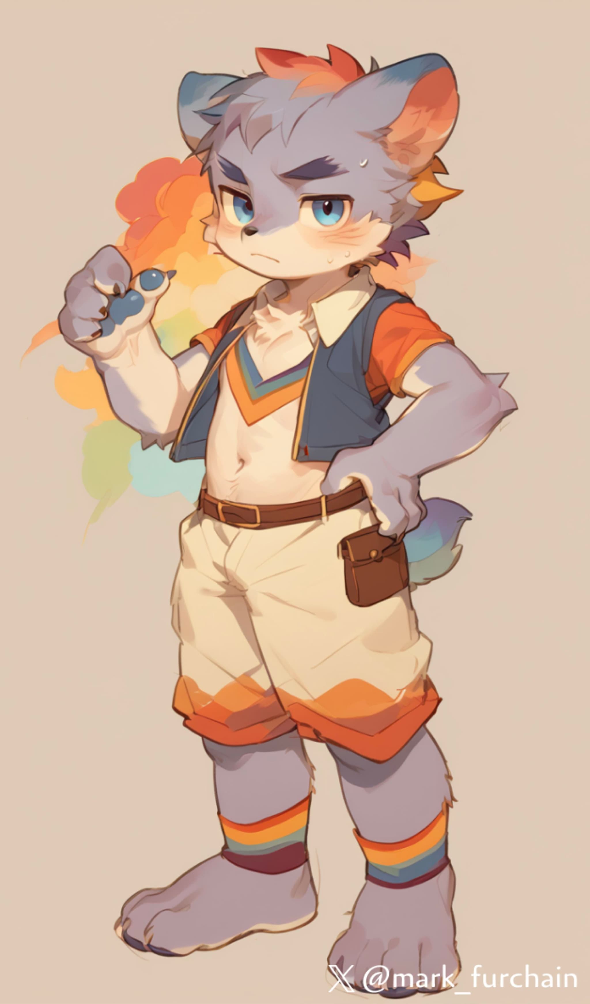 A cartoon-style anthropomorphic character with blue and orange fur, wearing a vest, shorts, and rainbow-striped socks, holding a small object