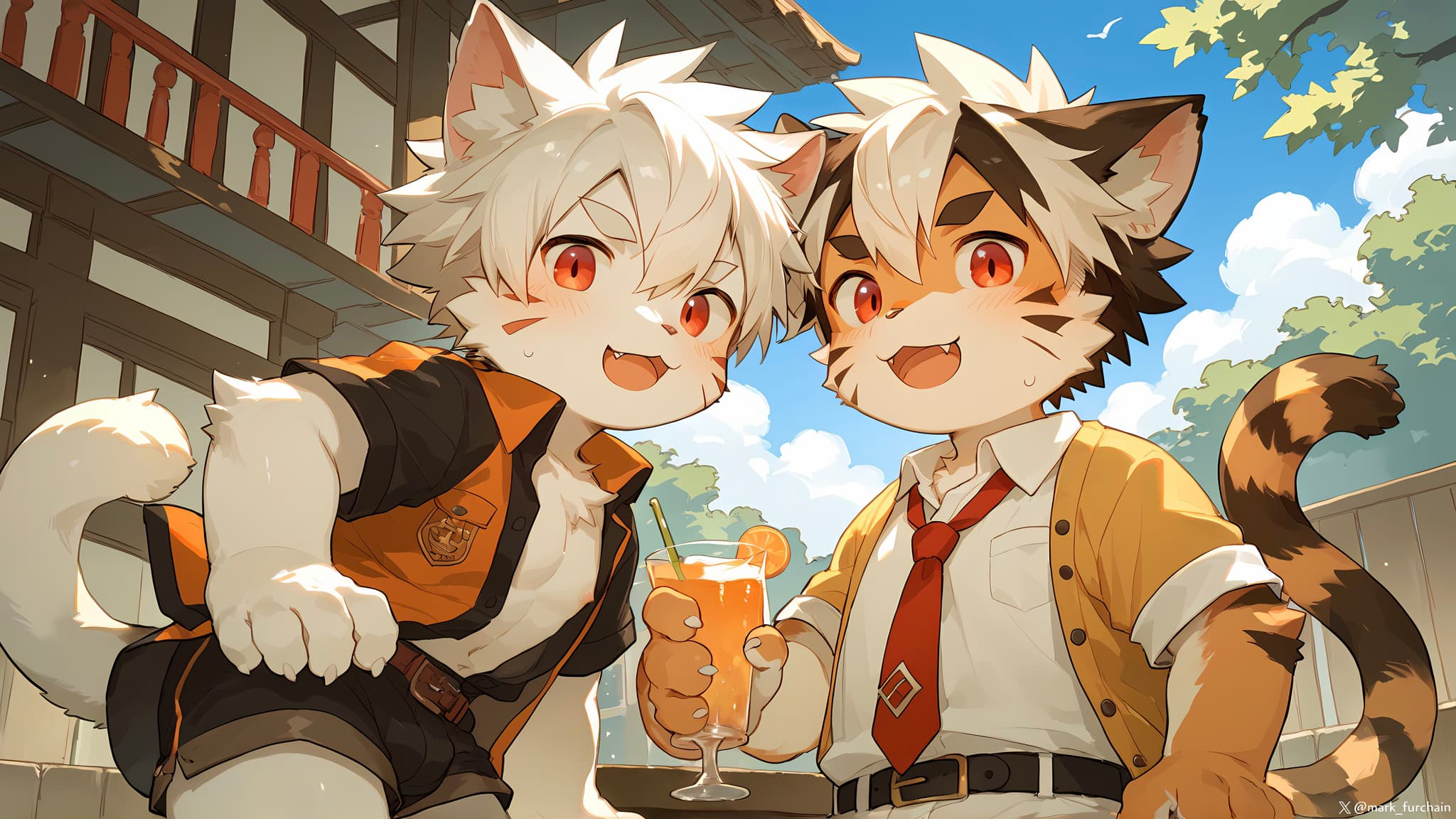 Two anthropomorphic cat characters with cheerful expressions, holding drinks, standing outdoors with a building and trees in the background