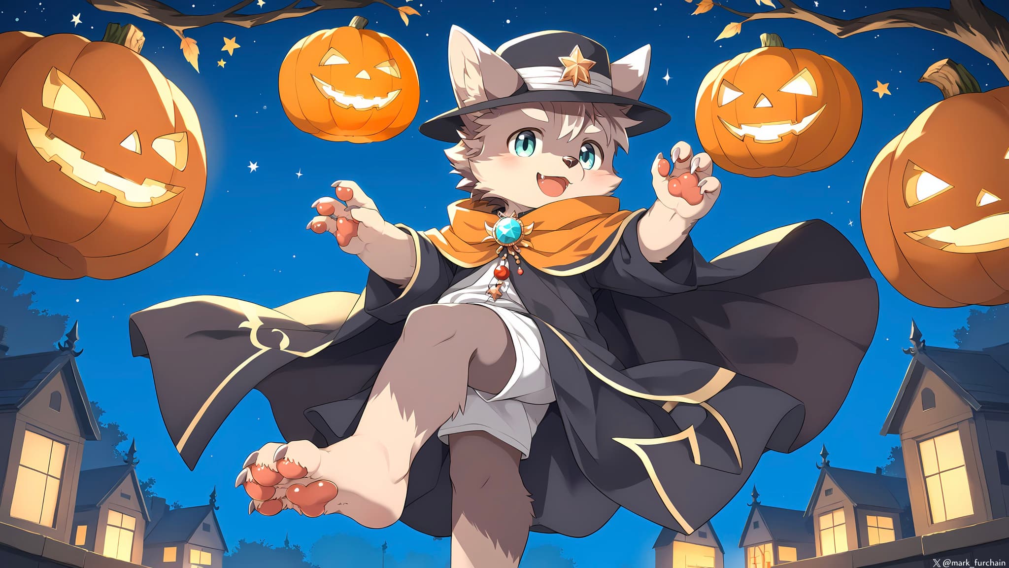 A cute, anthropomorphic cat character dressed as a wizard, surrounded by glowing jack-o'-lanterns, with a backdrop of a starry night sky and silhouetted houses