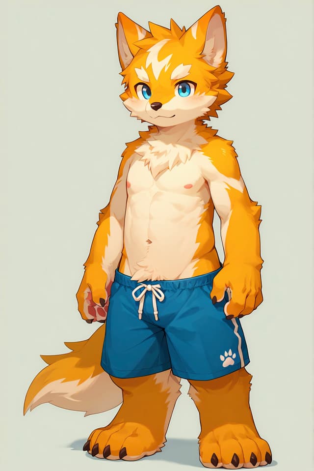 An anthropomorphic fox character with orange and white fur, wearing blue shorts with a paw print design