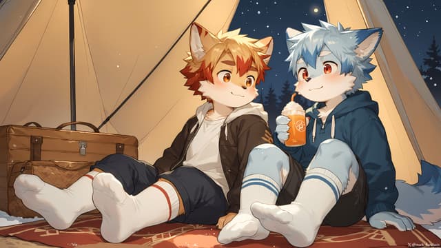 Two anthropomorphic characters with fox-like features sit together in front of a tent, wearing casual clothing and socks. One character has orange fur and the other has blue fur. They appear to be enjoying a drink under a starry night sky