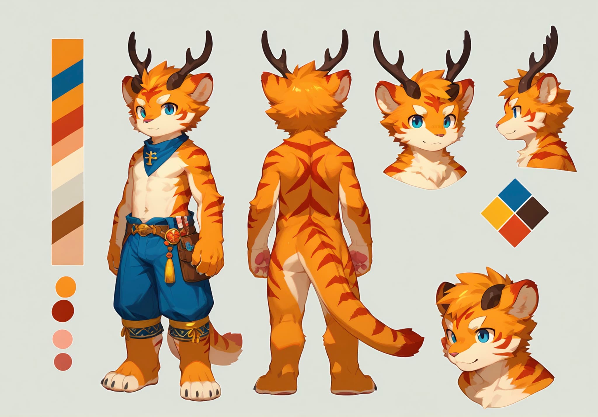 A character design sheet featuring an anthropomorphic tiger with antlers, wearing blue pants and a scarf. The sheet includes front, back, and side views, along with a color palette and close-up of the face