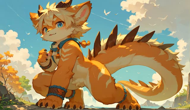 A cartoon-style creature with orange fur, blue eyes, and a playful expression stands in a sunny outdoor setting with a clear sky and clouds