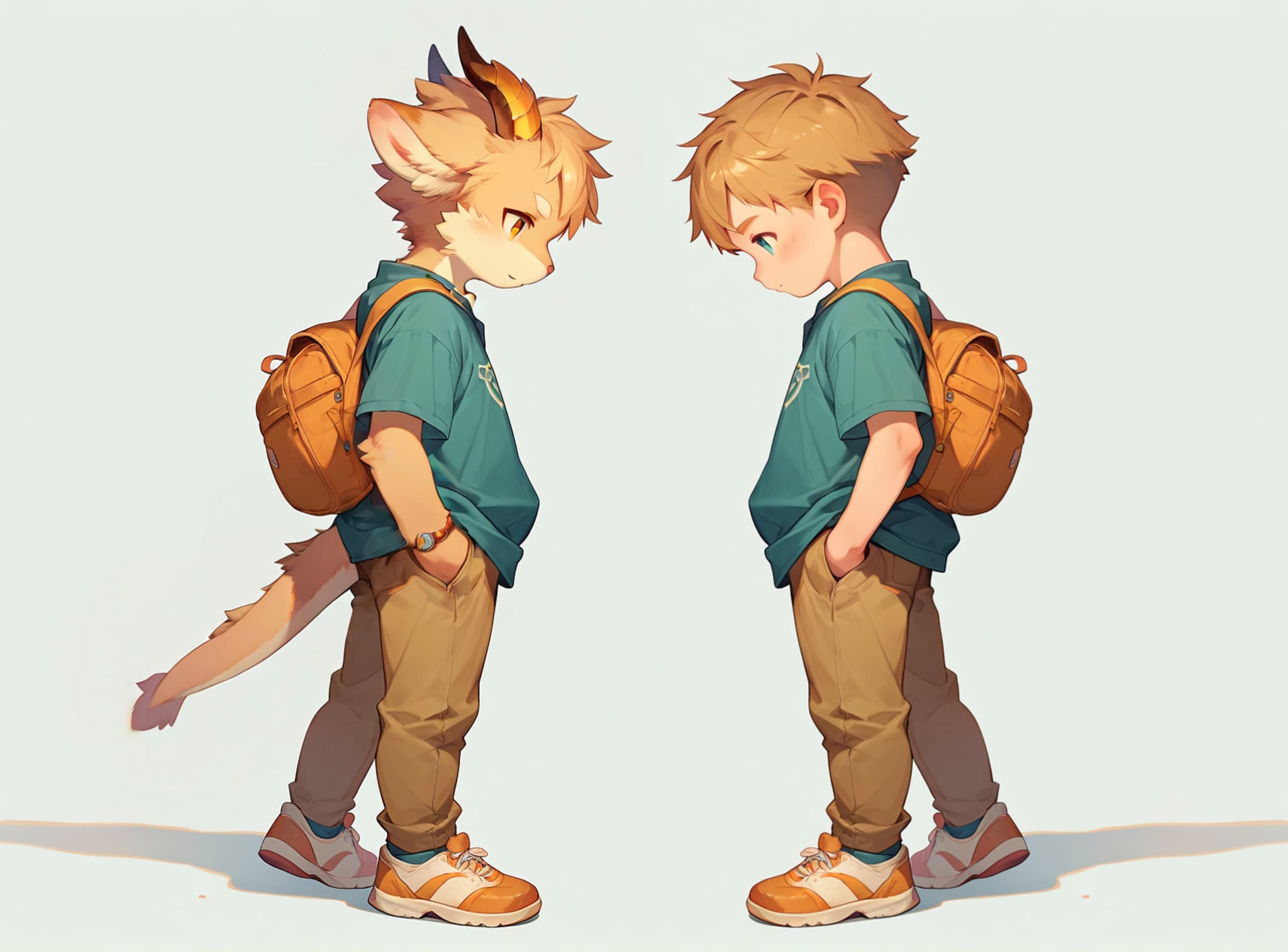 A young boy and a humanoid creature with animal features stand facing each other, both wearing similar outfits with backpacks