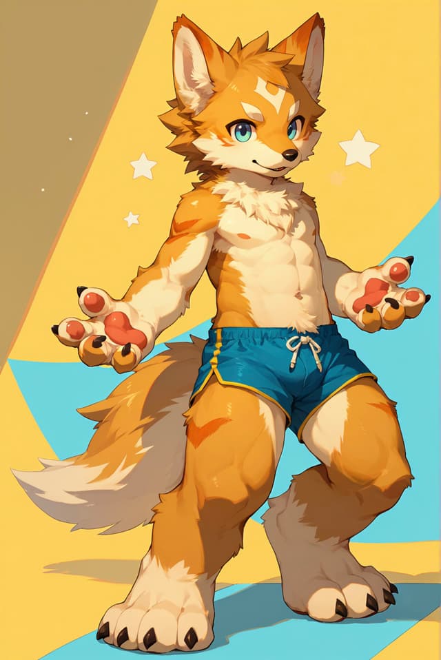 An anthropomorphic fox character with orange and white fur, wearing blue shorts, stands confidently with arms outstretched. The background features a yellow and blue geometric design with stars