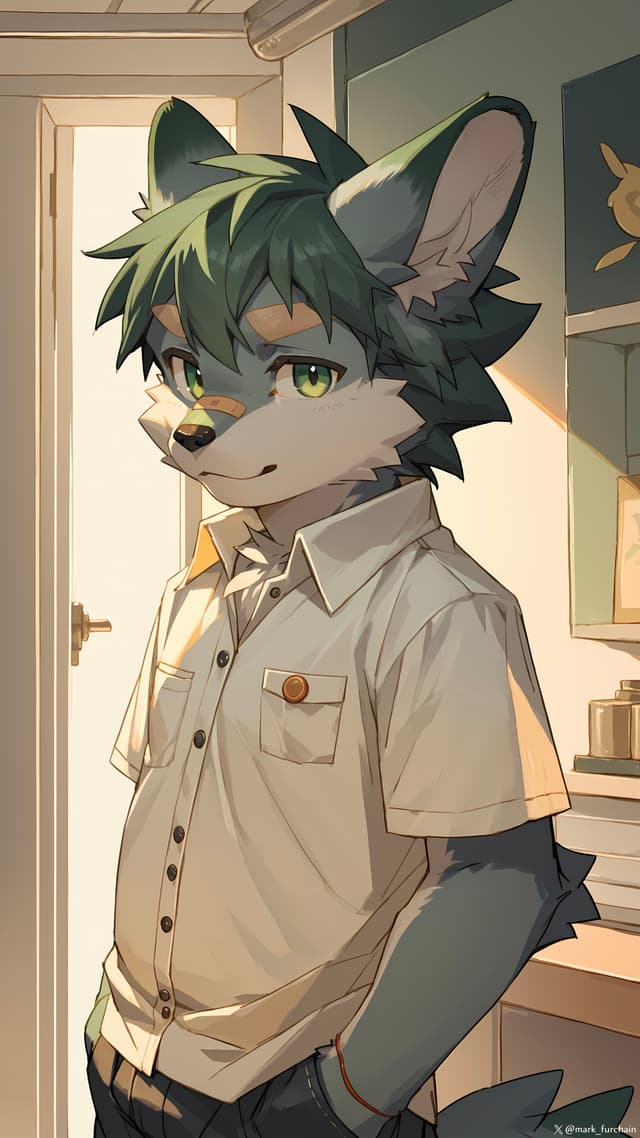 An anthropomorphic wolf character with green hair and a white shirt stands in a room, looking towards the viewer The setting includes a door and some wall decorations