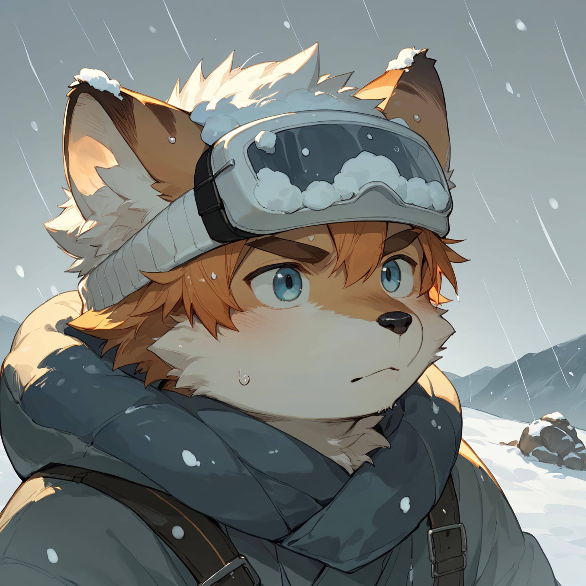 An anthropomorphic fox character wearing winter gear, including a hat and goggles, stands in a snowy landscape with snowflakes falling around