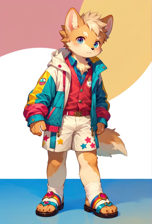 A cartoon-style anthropomorphic fox character wearing a colorful jacket, red shirt, white shorts with star patterns, and sandals. The background features pastel colors