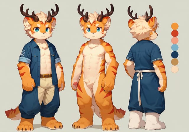 A cartoon-style anthropomorphic tiger character with antlers is depicted in three different poses: front view in casual clothing, front view without clothing, and back view in casual clothing. A color palette is shown on the side