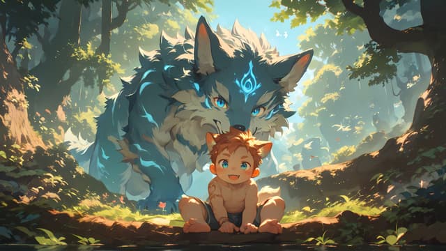 A young child with animal-like ears sits in a sunlit forest, accompanied by a large, mystical wolf with glowing blue markings