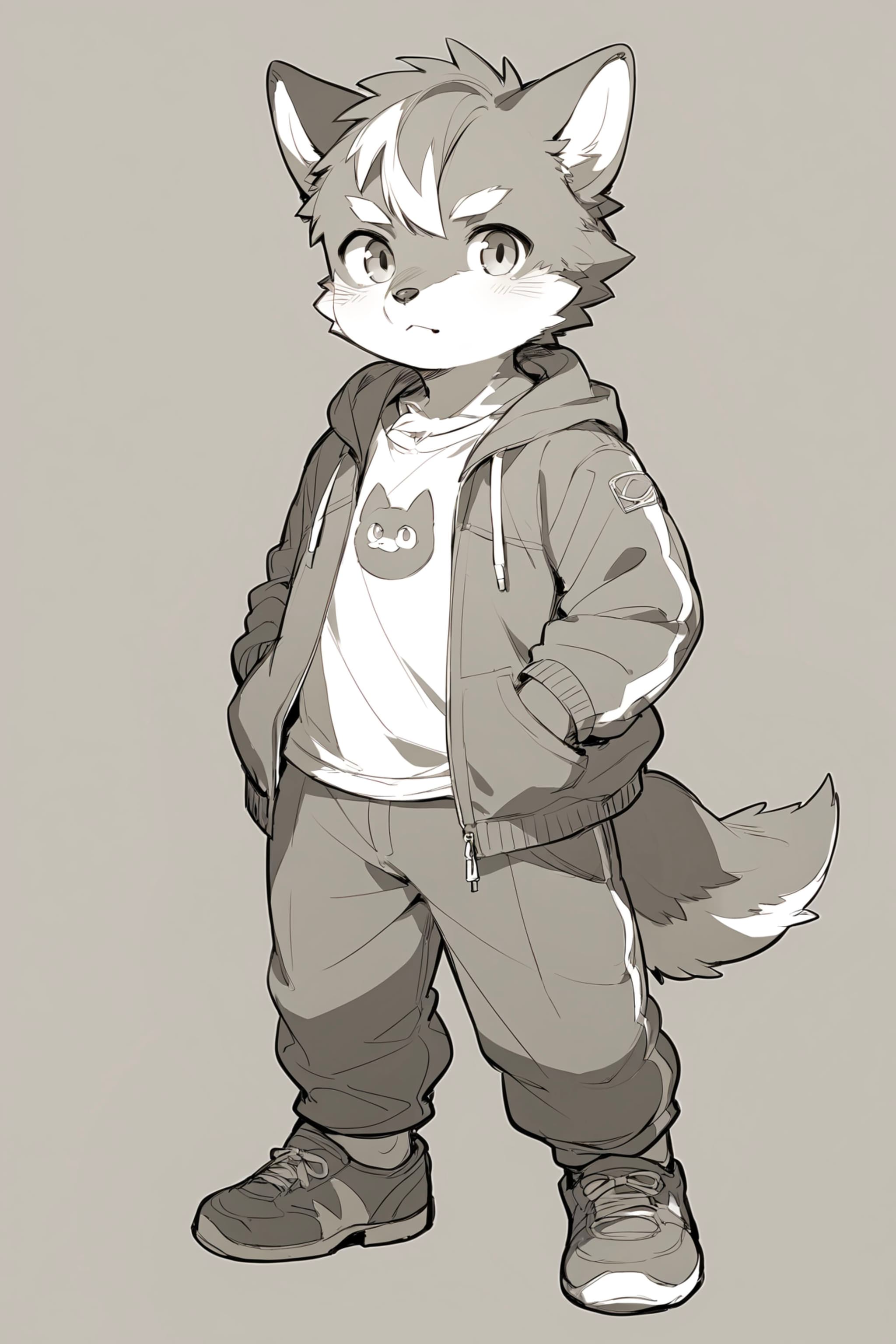 A cartoon-style anthropomorphic fox character stands confidently with hands in pockets, wearing a hoodie, t-shirt, and sneakers