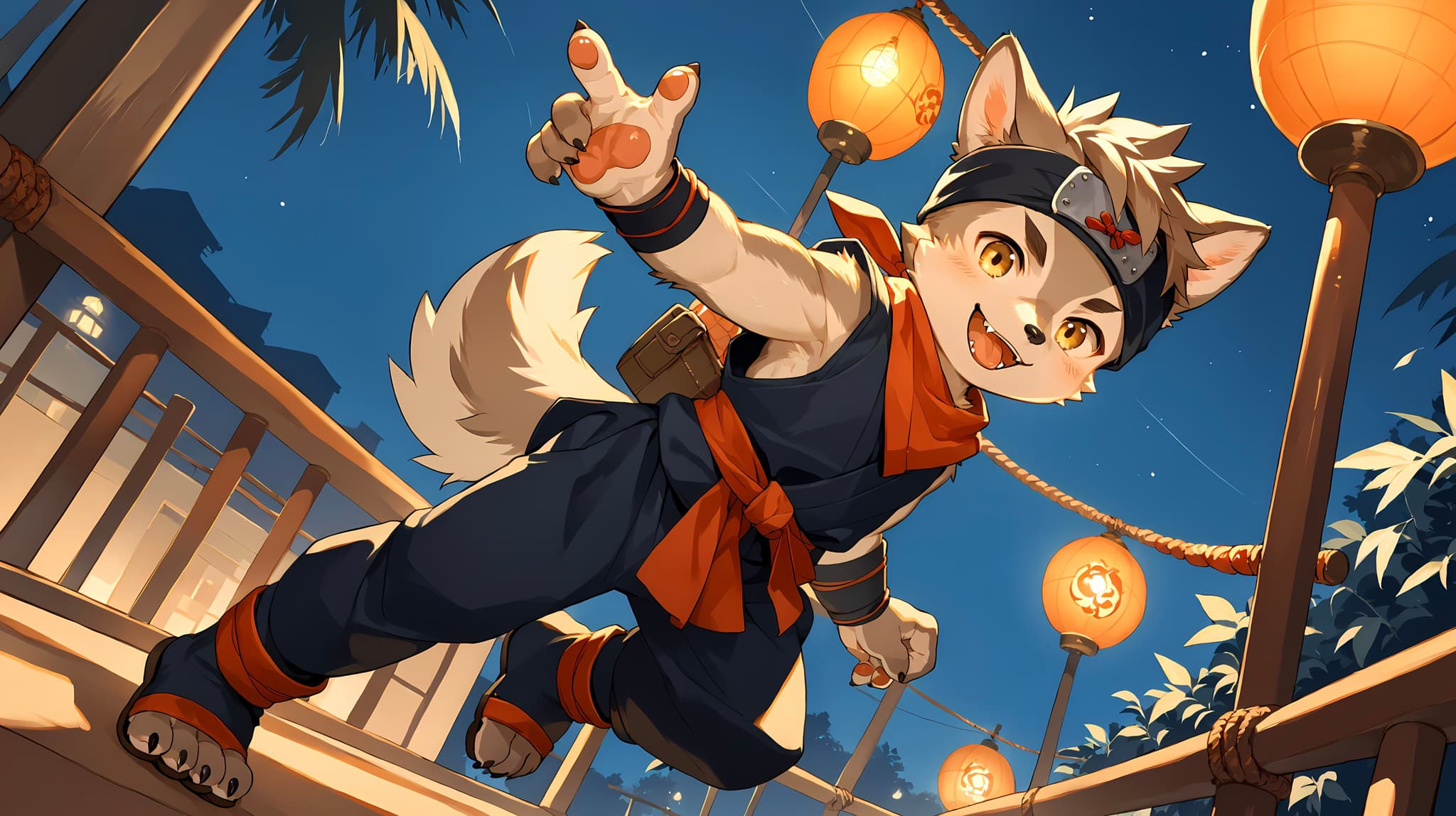 A cartoon fox character dressed in a ninja outfit, standing on a wooden bridge with lanterns, under a starry night sky