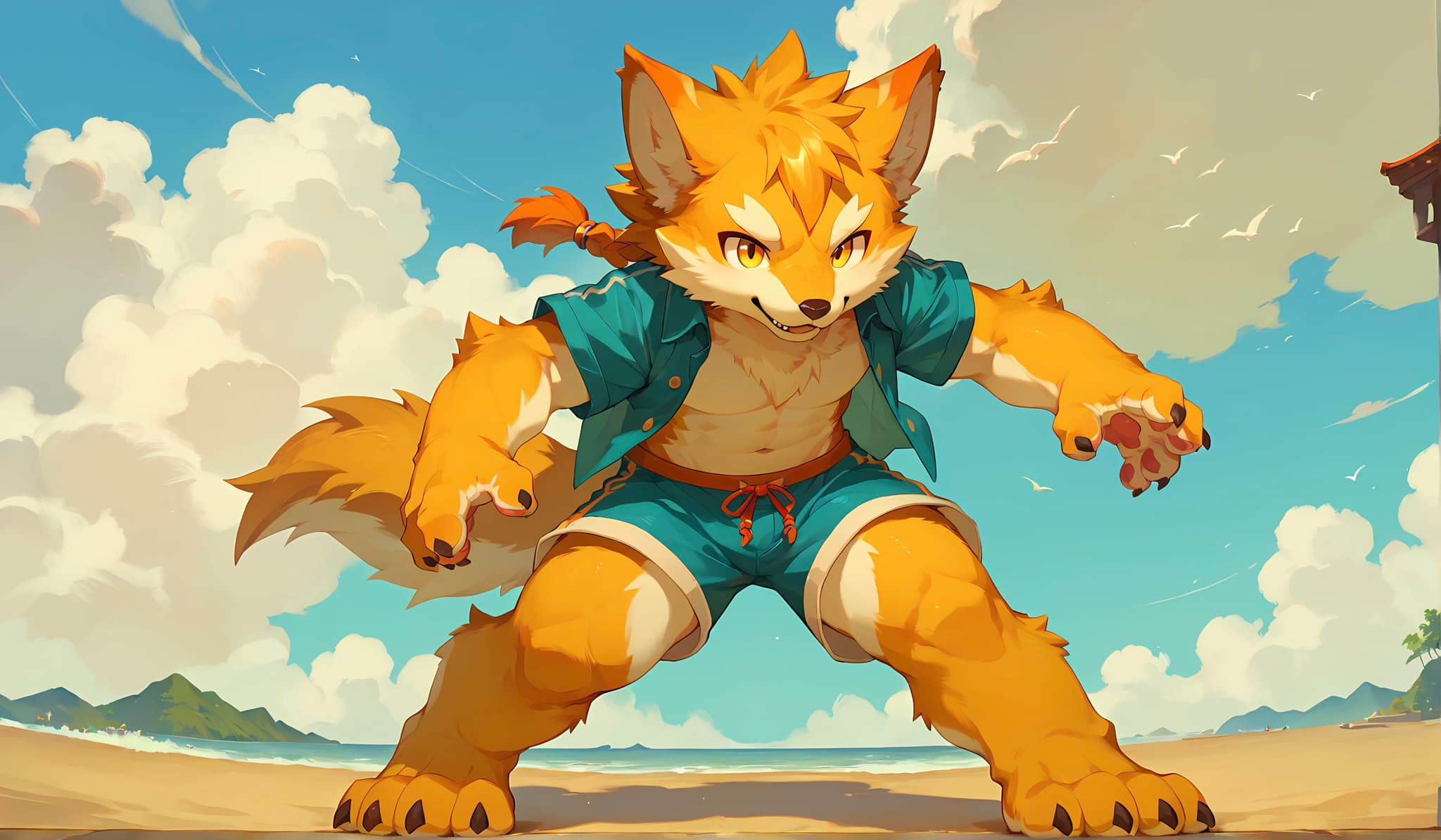 A cartoon-style anthropomorphic fox character stands on a beach, wearing a blue shirt and shorts, with a determined expression