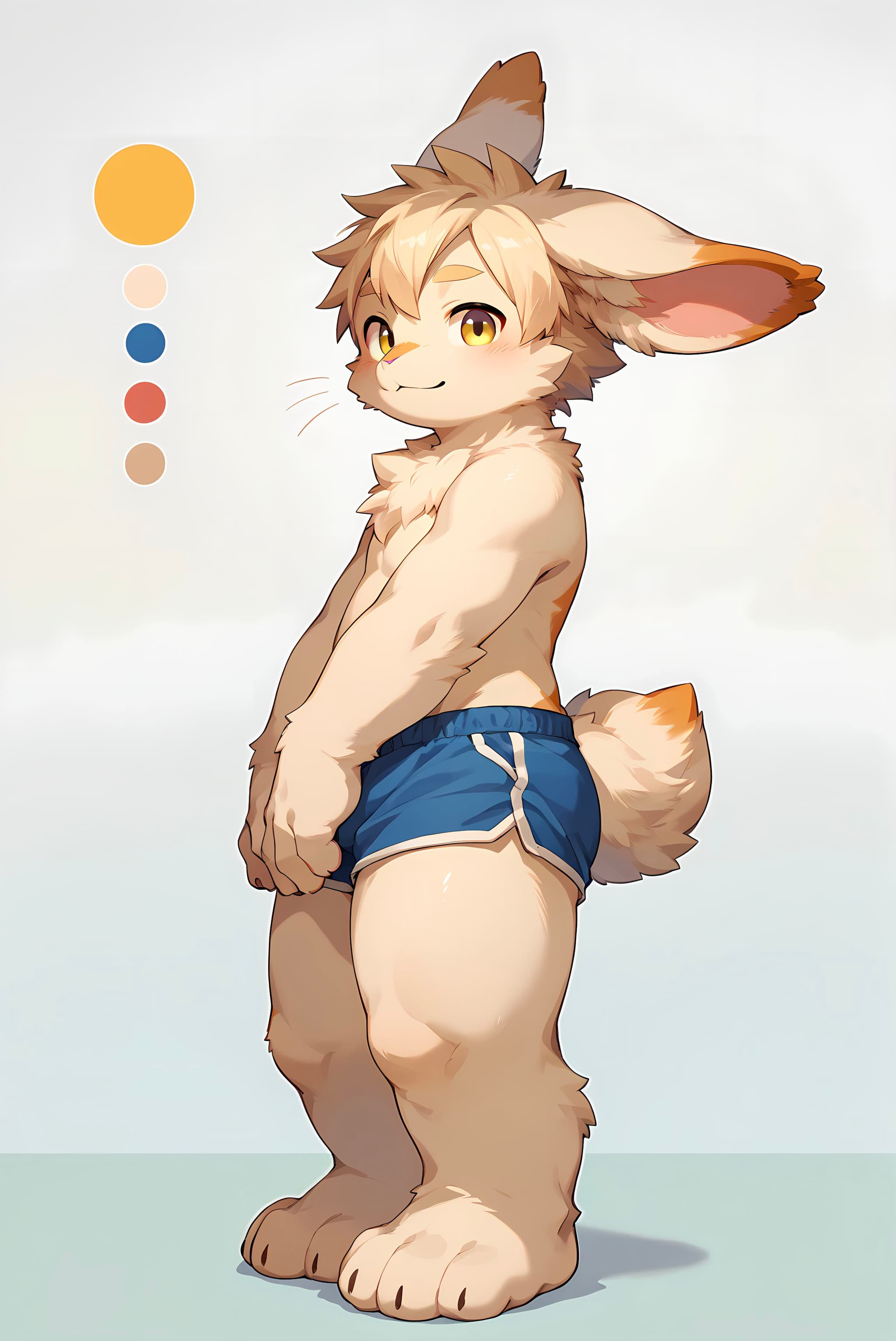 A cartoon-style anthropomorphic rabbit character with light brown fur, wearing blue shorts, standing upright. The character has large ears and a fluffy tail, with a color palette displayed beside it