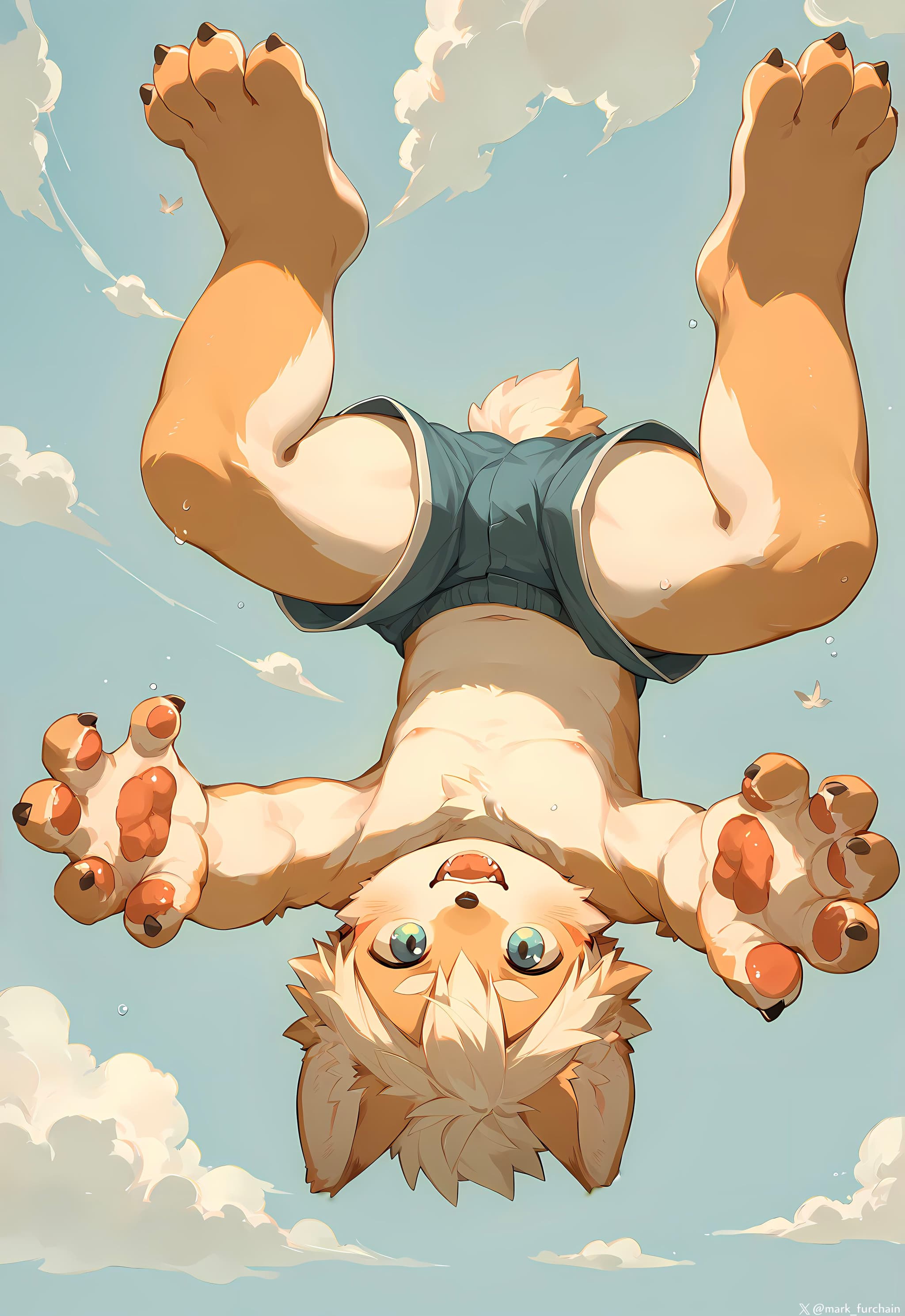 A cartoon-style anthropomorphic character with fluffy fur and large paws is playfully falling through the sky, surrounded by clouds. The character has a joyful expression and is wearing blue shorts