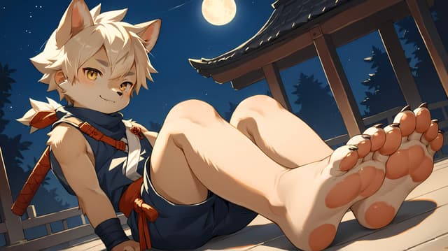 A character with fox-like ears and a tail, wearing a blue outfit, sits on a wooden platform under a full moon, with trees and a traditional building in the background