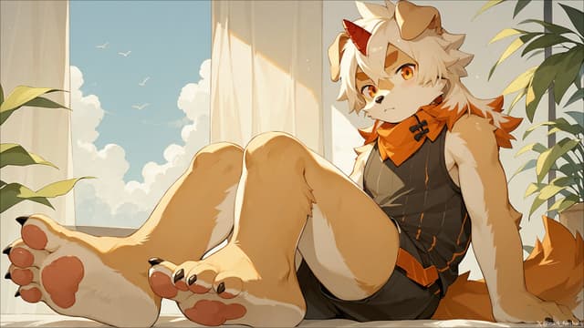 A humanoid fox character with white and orange fur is lounging indoors, surrounded by plants, with sunlight streaming through a window