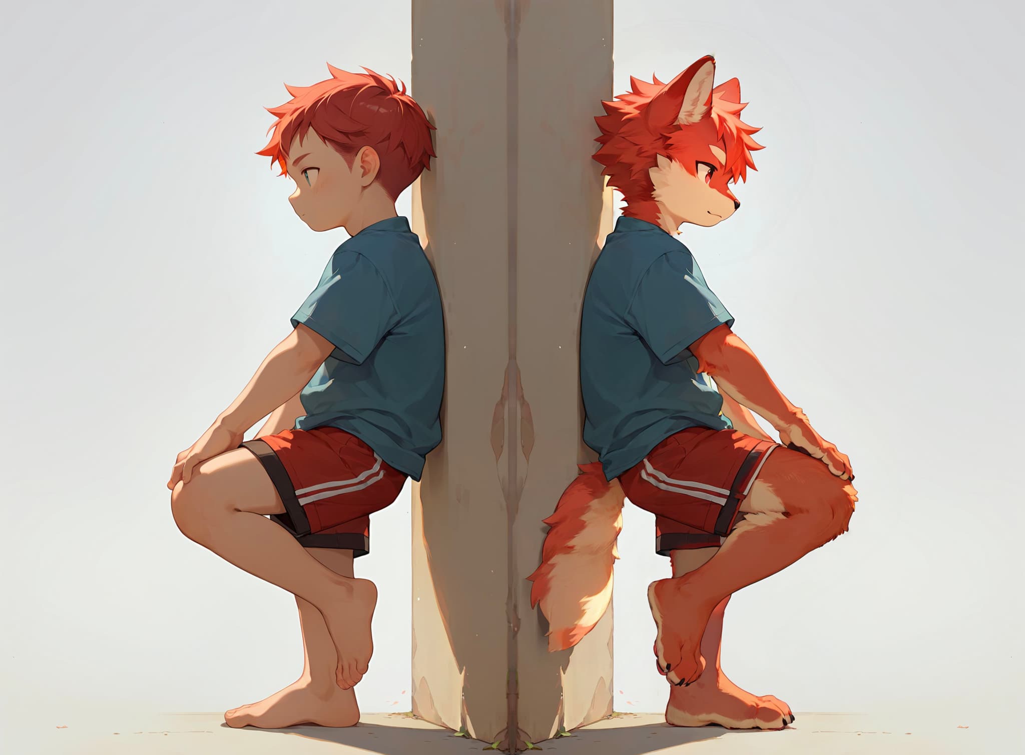 A boy and a humanoid fox sit back-to-back against a wall, both with red hair and wearing similar blue shirts and red shorts