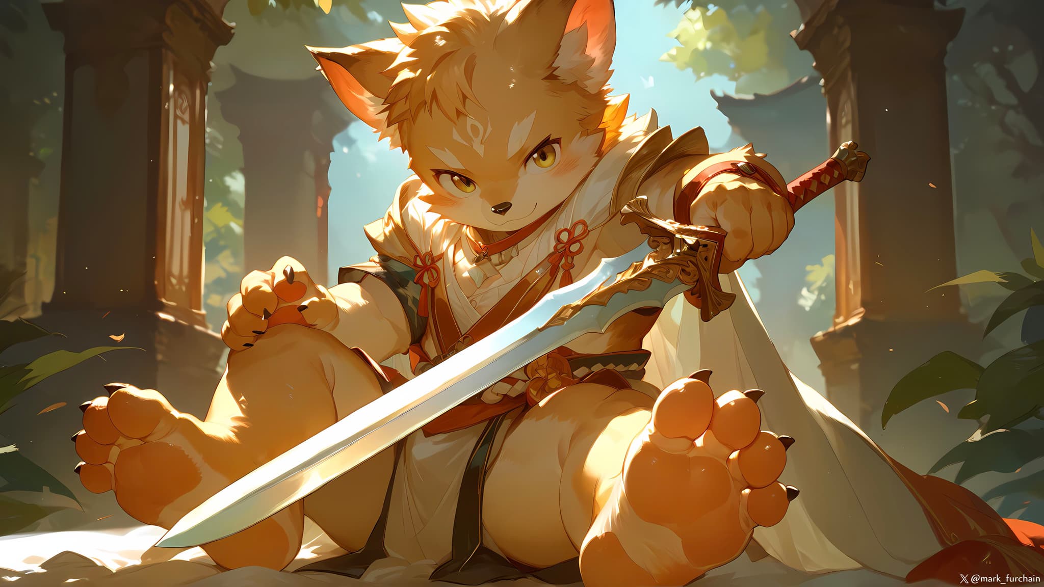 A humanoid fox character sits in a forest setting, holding a sword with a determined expression. The scene is bathed in warm, dappled sunlight