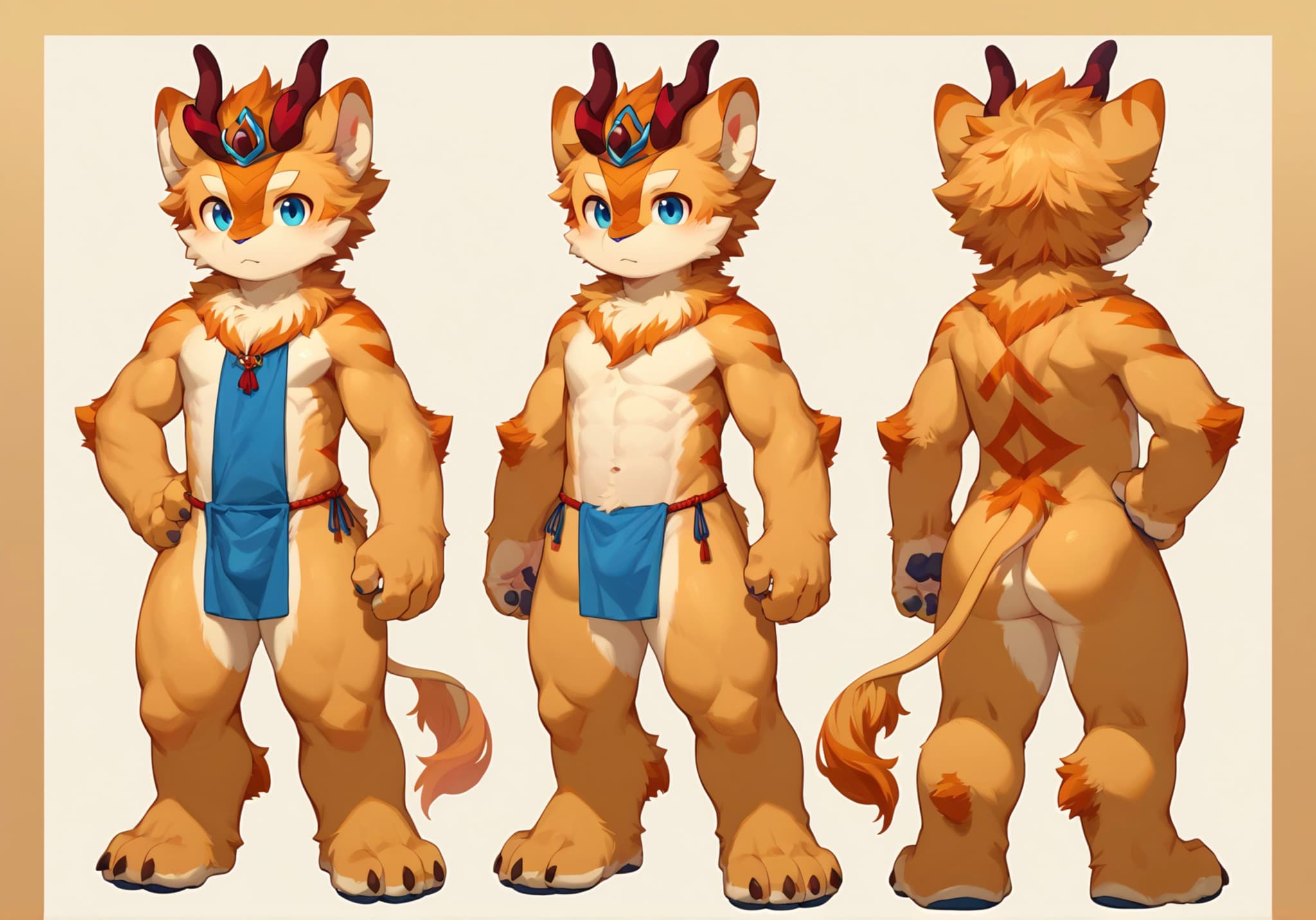 A character design featuring an anthropomorphic feline with orange fur, blue eyes, and red horns. The character is shown from three angles: front, side, and back, wearing a blue loincloth and a necklace. The design includes detailed fur texture and a long tail