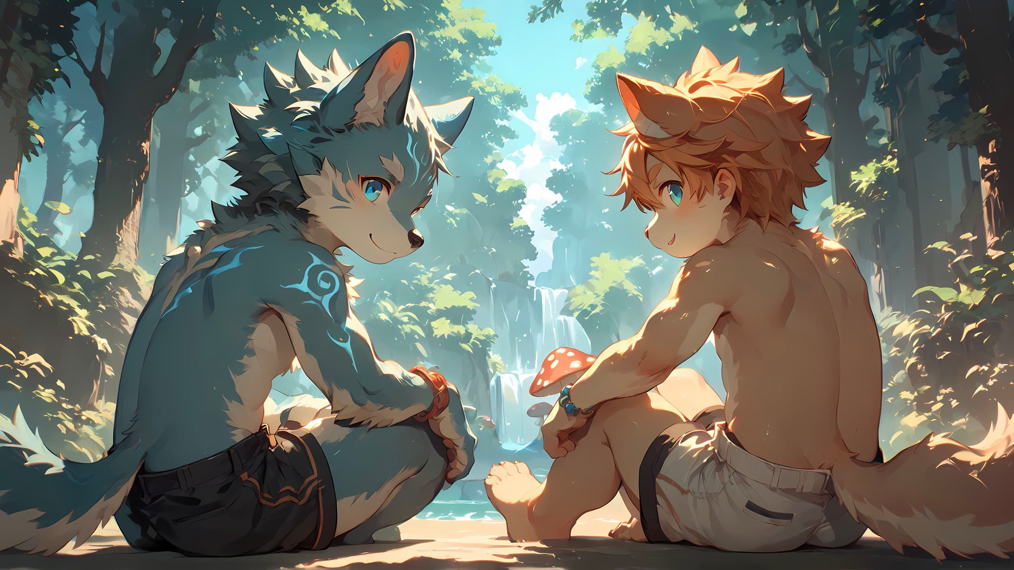 Two anthropomorphic characters, one with wolf-like features and the other with fox-like features, sit facing each other in a sunlit forest setting