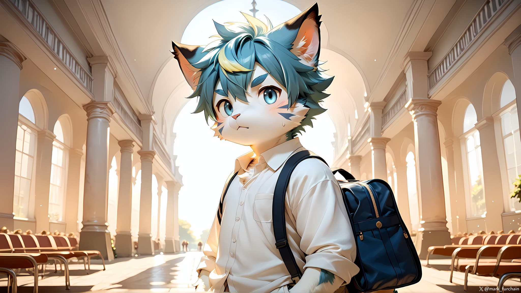 A humanoid cat character with blue hair and cat ears stands in a sunlit hallway, wearing a white shirt and carrying a backpack