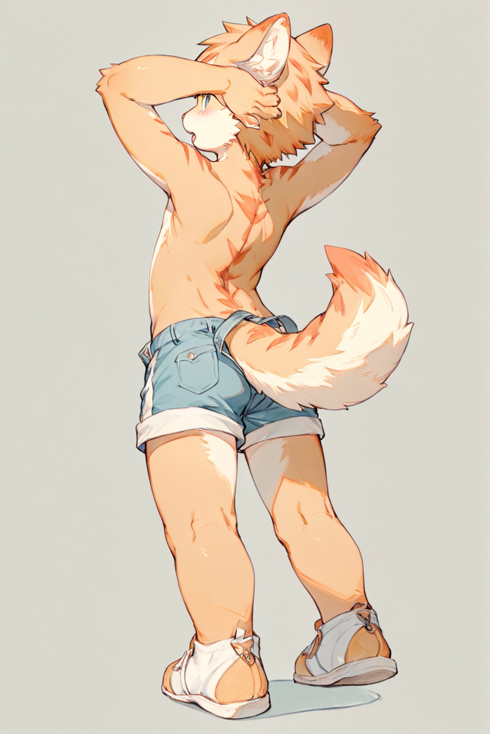 An anthropomorphic fox character stands with its back turned, wearing denim shorts and sandals, with arms raised to its head