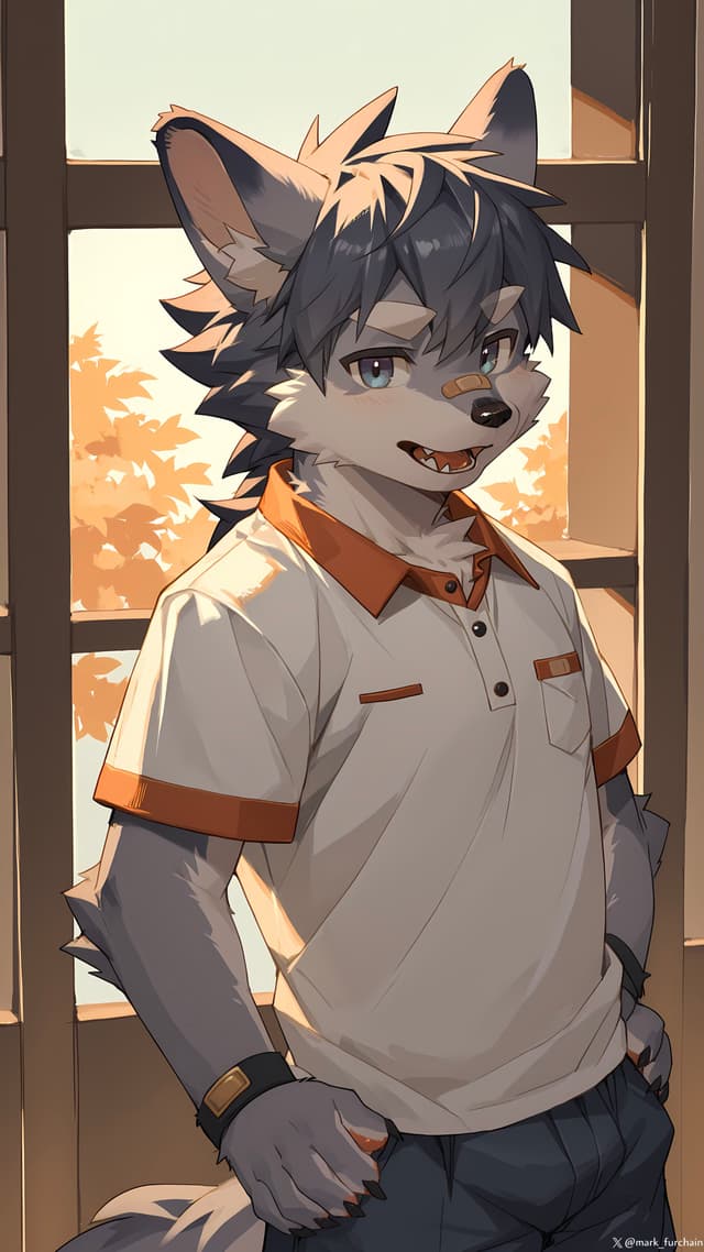 An anthropomorphic wolf character with gray fur and blue eyes stands in front of a window, wearing a white polo shirt with orange accents and blue pants. The background features autumn leaves