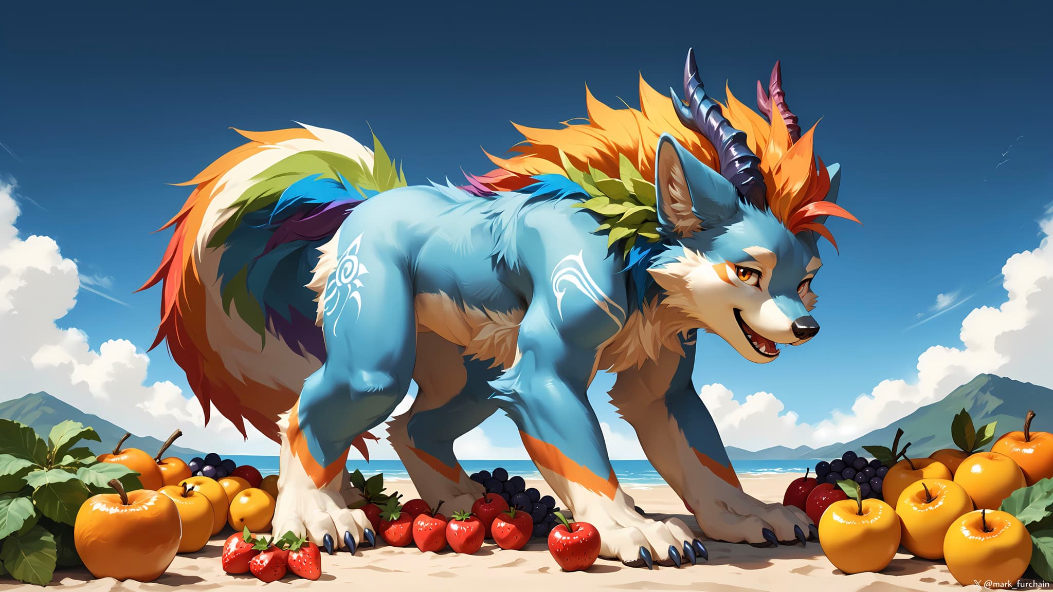 A colorful, mythical creature resembling a wolf with rainbow fur and horns stands among a variety of fruits, set against a bright, clear sky with distant mountains