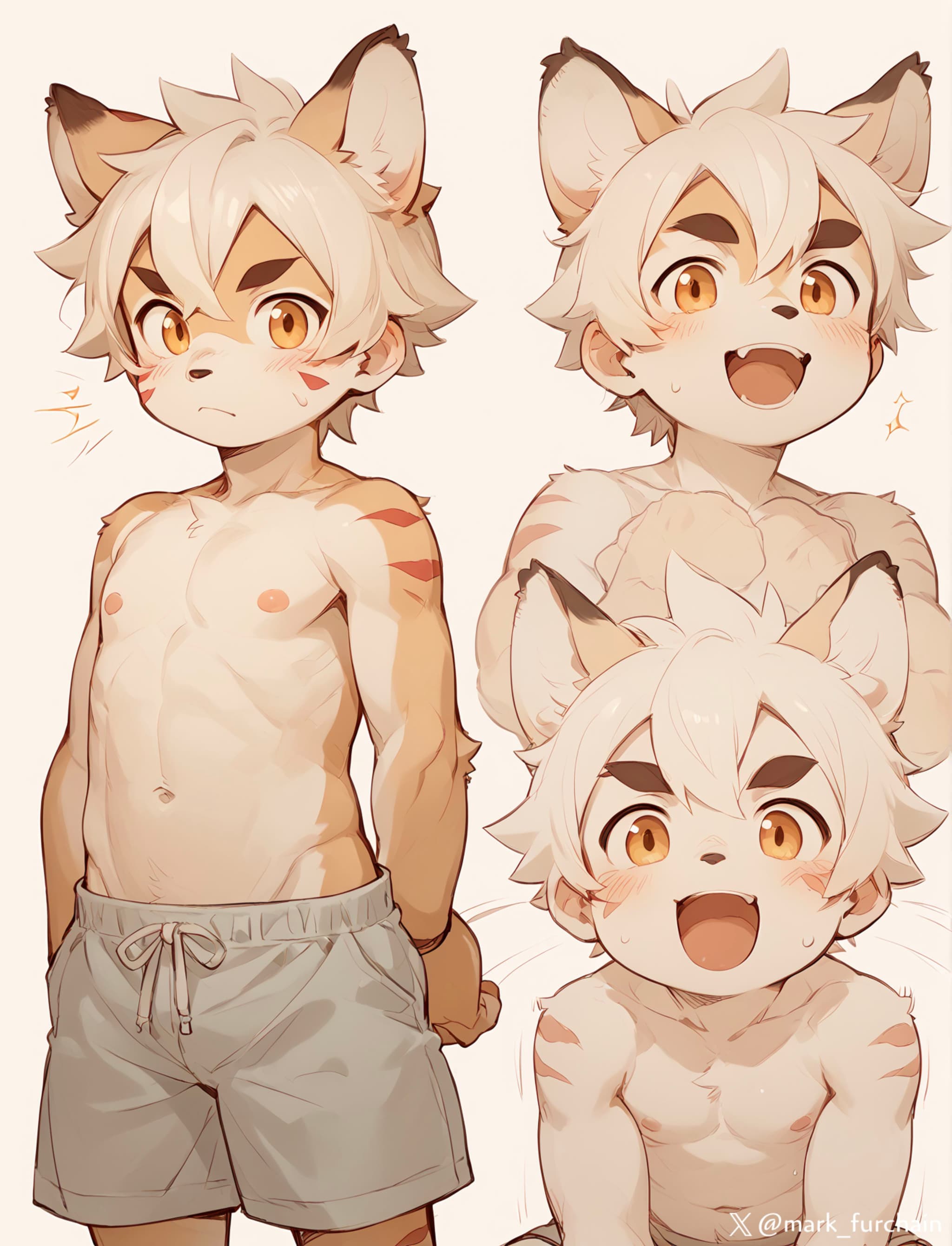 A cute, anime-style character with animal ears and a tail is depicted in three different poses. The character has light hair, orange eyes, and is wearing shorts. The expressions range from neutral to happy