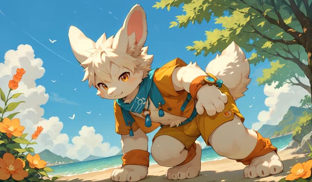 A cute, anthropomorphic creature with large ears and fluffy tail, wearing an orange outfit and blue scarf, stands playfully on a sunny beach with trees and flowers nearby