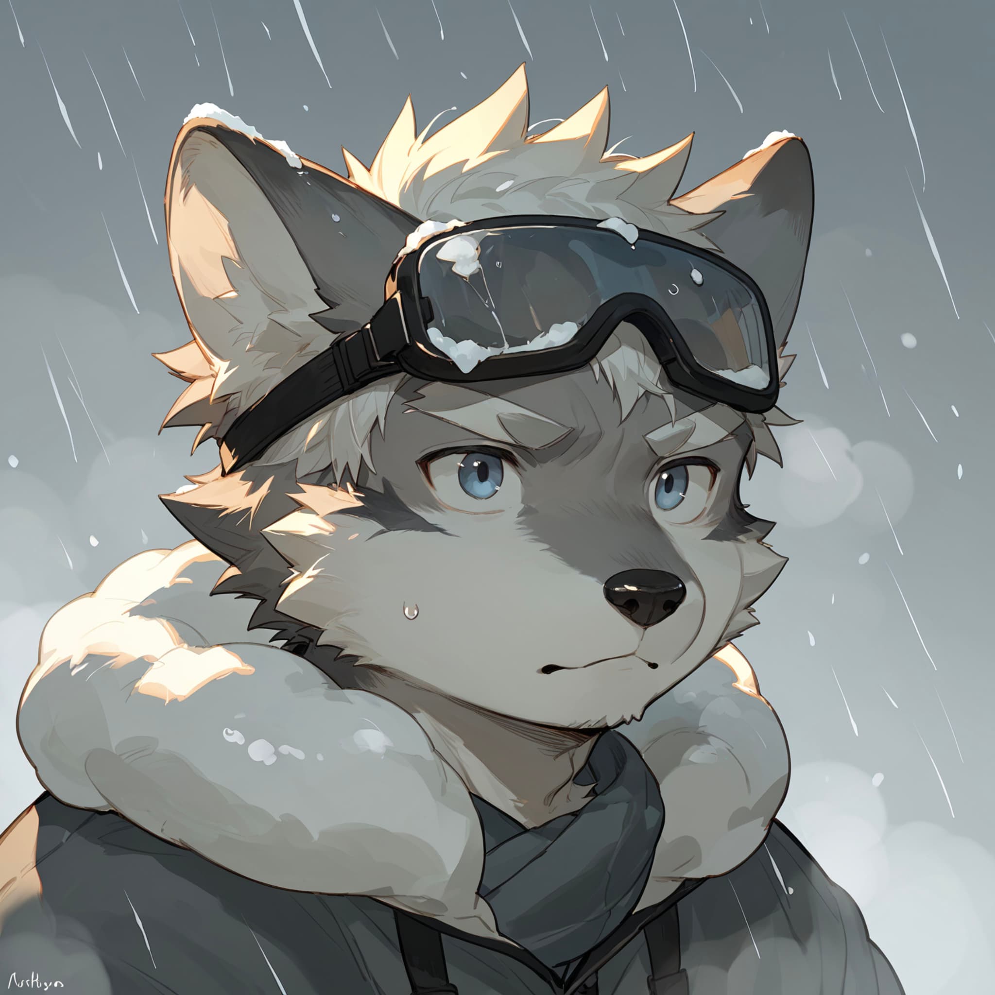 An anthropomorphic wolf character wearing goggles and a fur-lined jacket stands in the rain, looking serious