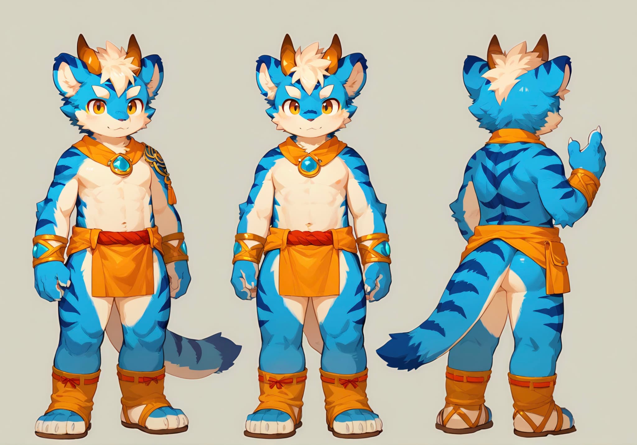 A blue and white anthropomorphic tiger character with orange accents, wearing a gold and orange outfit, shown from three angles: front, side, and back