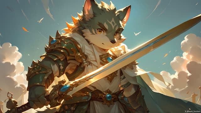 A wolf-like warrior in ornate armor holds a glowing sword against a backdrop of a bright sky with clouds