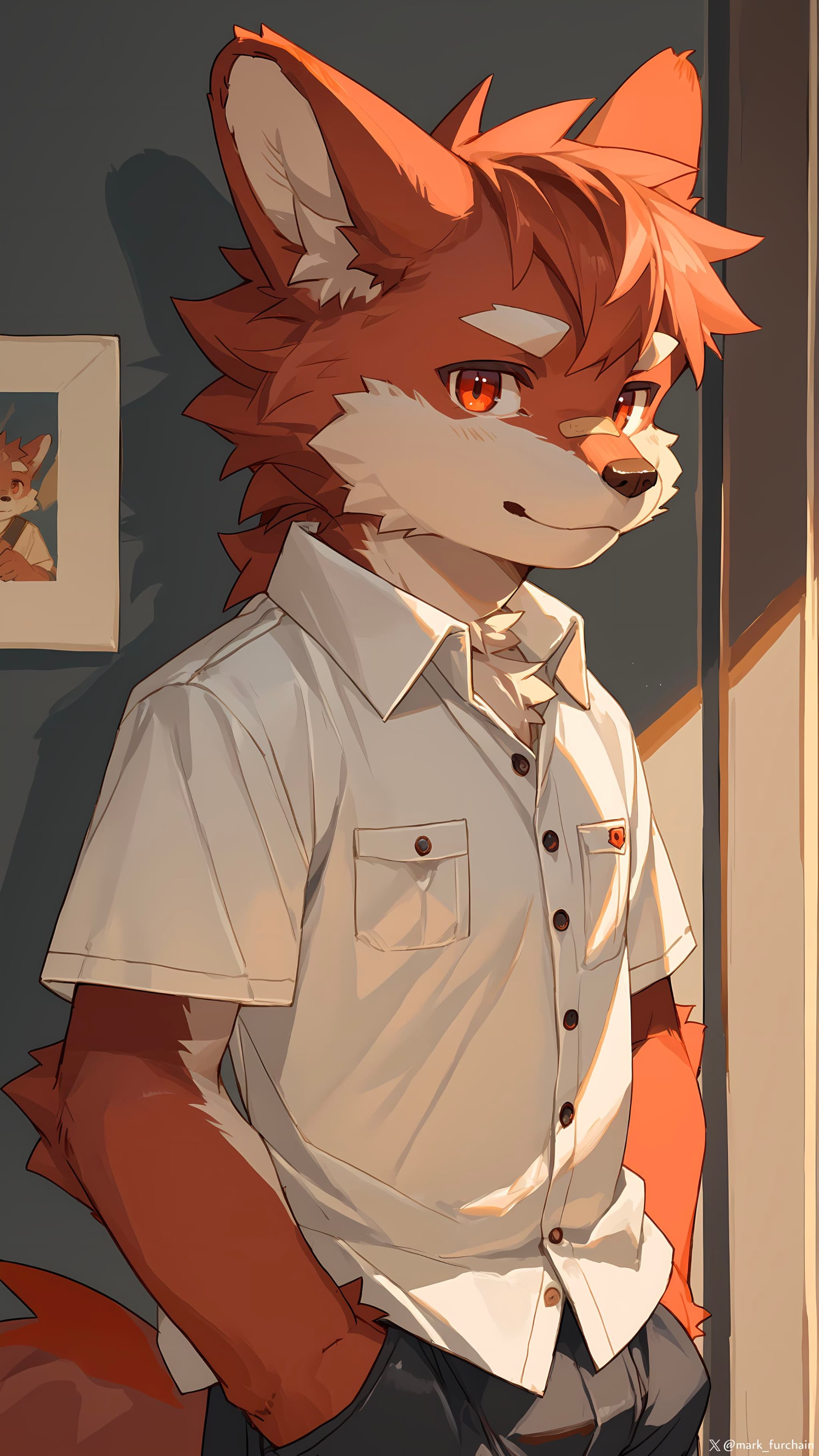 An anthropomorphic fox character with red fur and white accents stands in a room, wearing a white button-up shirt and dark pants. The character has a confident expression and is positioned near a wall with a framed picture