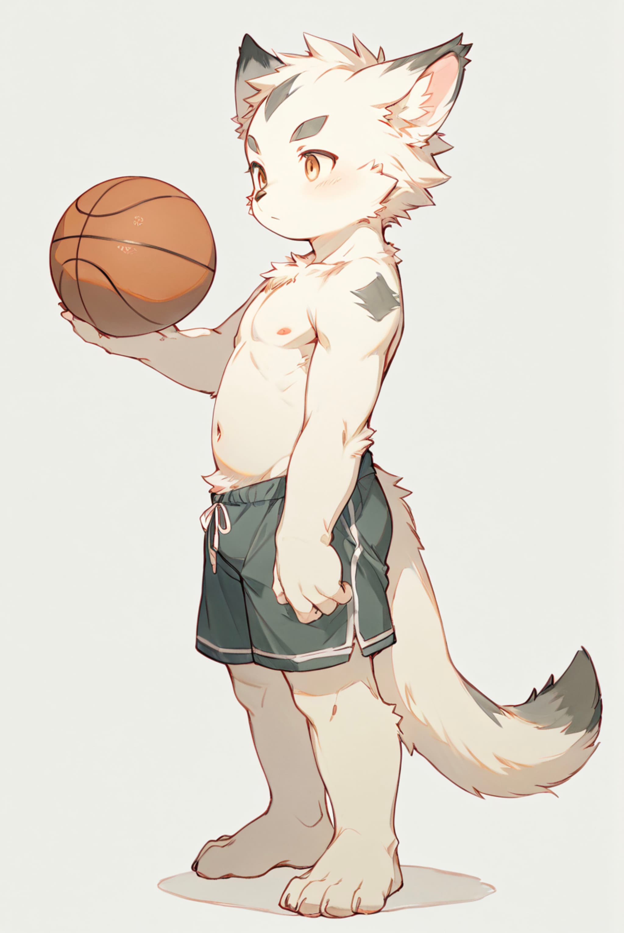 A cartoon anthropomorphic cat character holding a basketball, wearing shorts, and standing upright